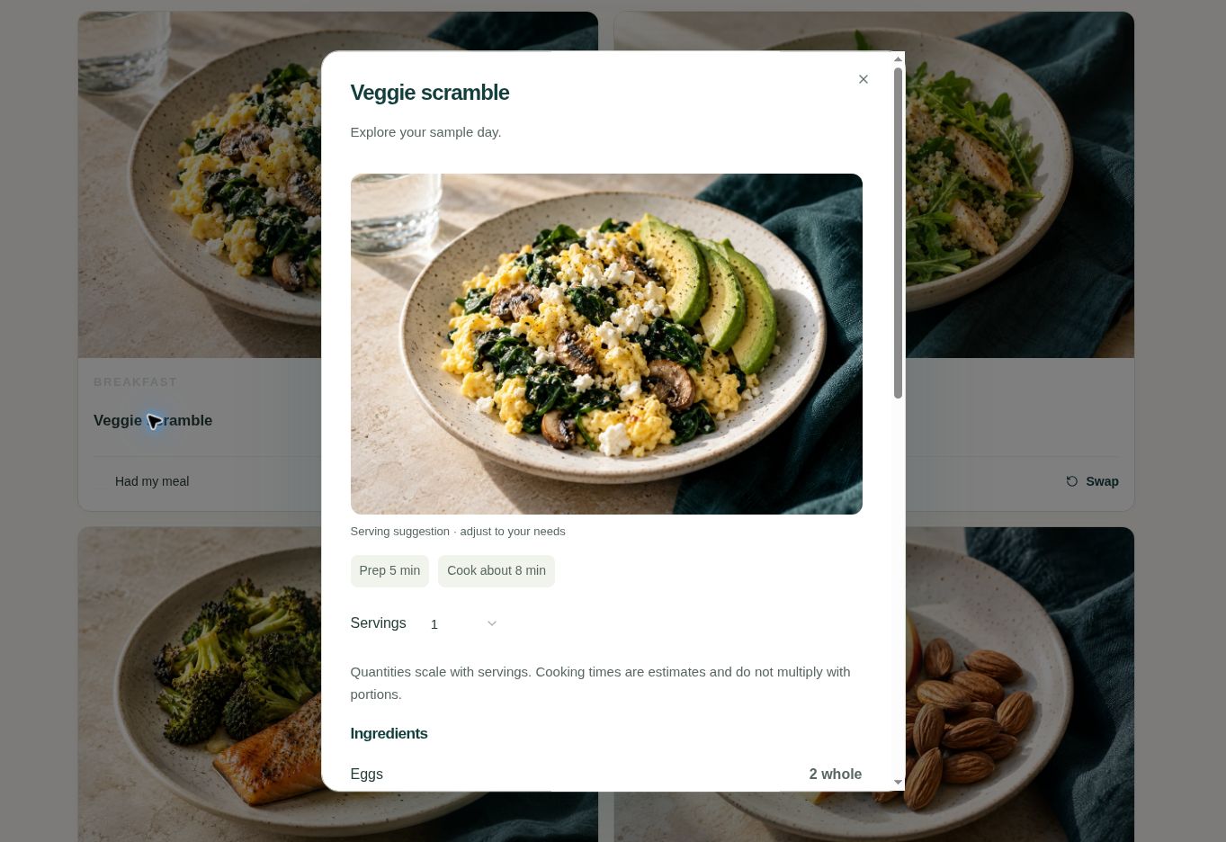 Actual recipe preview showing ingredients and serving quantities