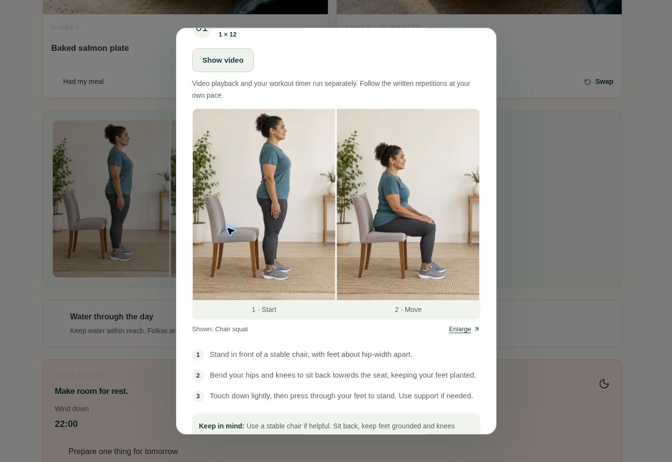 Actual workout preview with chair squat demonstration, repetitions and picture instructions